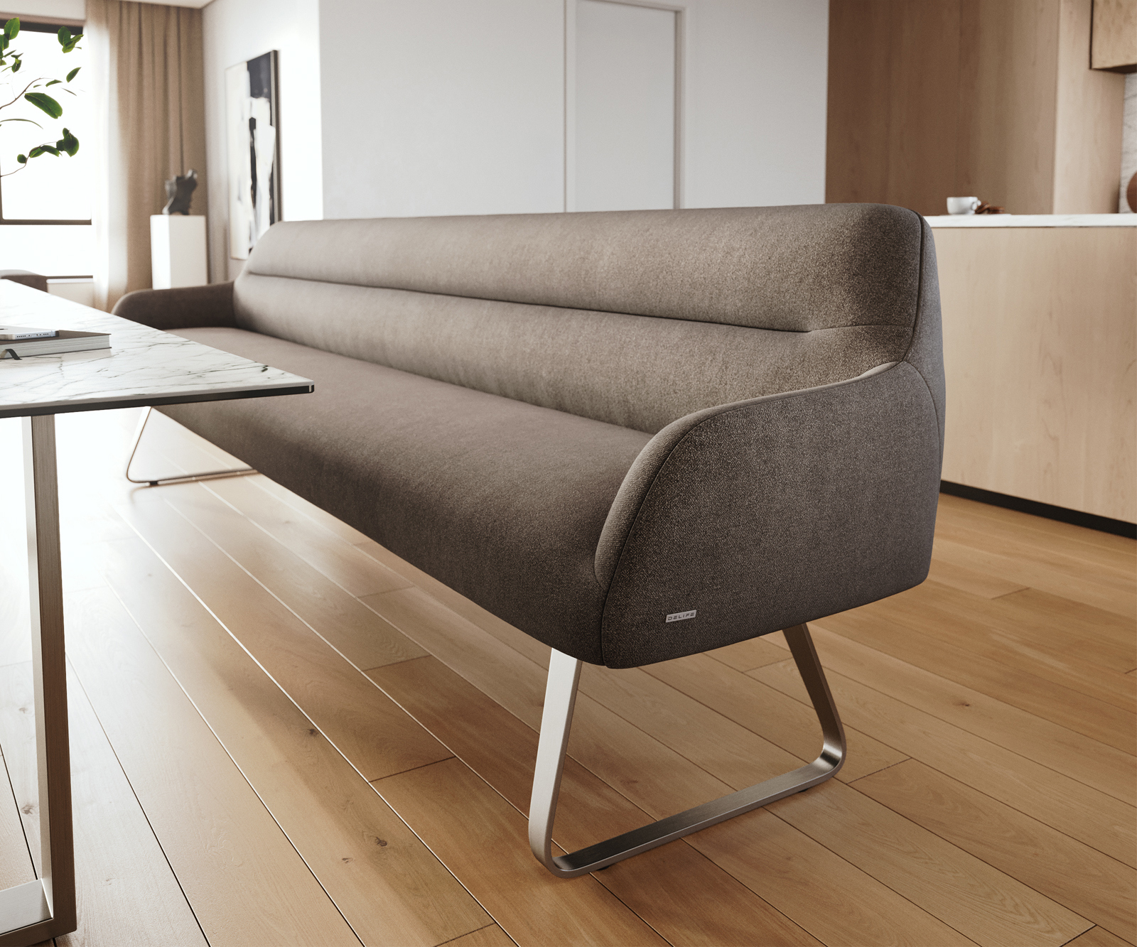 Jedálenská lavica Taya-Flex 300 cm texturovaná látka mäkká taupe tenká podstava plochá nerezová oceľ vrecková pružina - Image 5