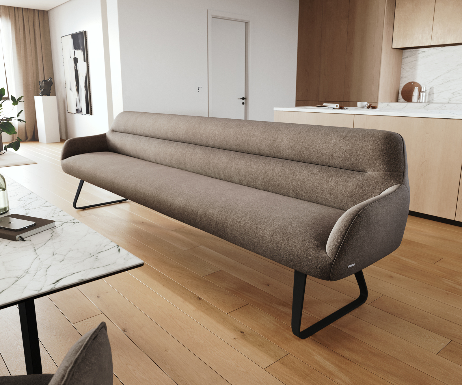 Lavica Taya-Flex 300 cm texturovaná látka mäkká taupe tenká podstava plochá čierna vrecková pružina