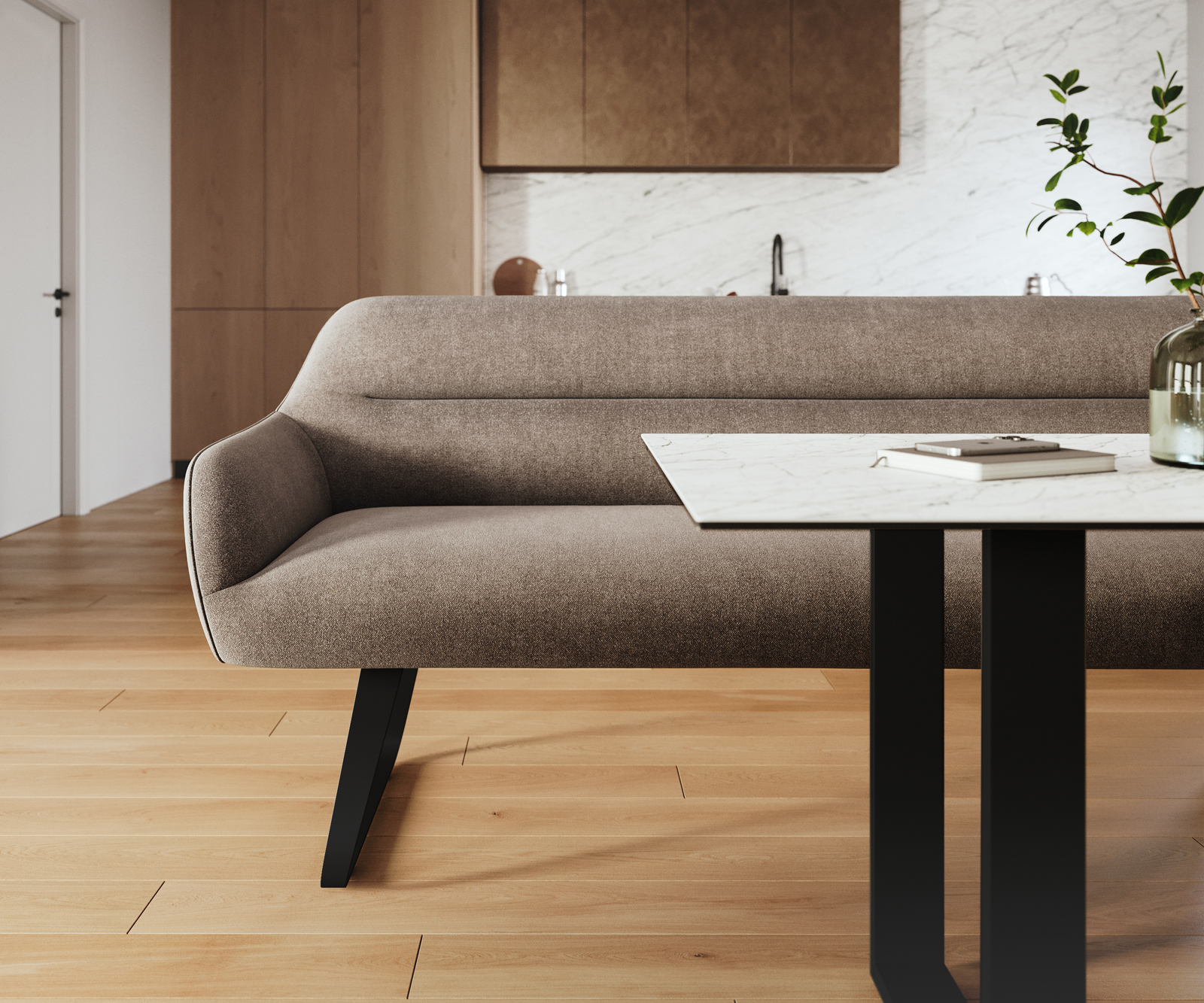 Lavica Taya-Flex 300 cm texturovaná látka mäkká taupe tenká podstava plochá čierna vrecková pružina - Image 2