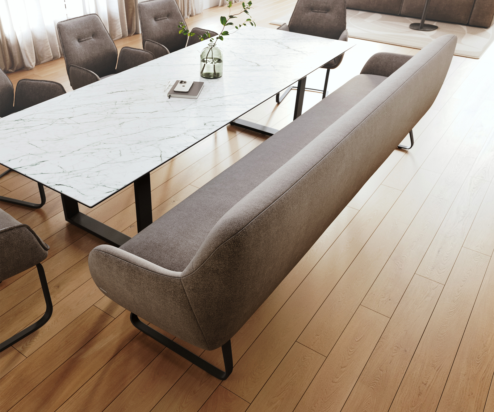 Lavica Taya-Flex 300 cm texturovaná látka mäkká taupe tenká podstava plochá čierna vrecková pružina - Image 4