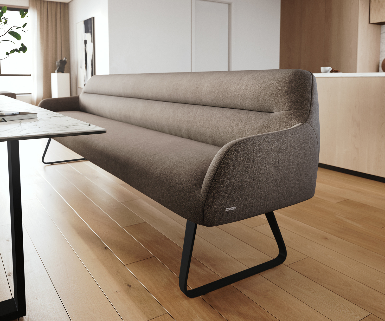 Lavica Taya-Flex 300 cm texturovaná látka mäkká taupe tenká podstava plochá čierna vrecková pružina - Image 5