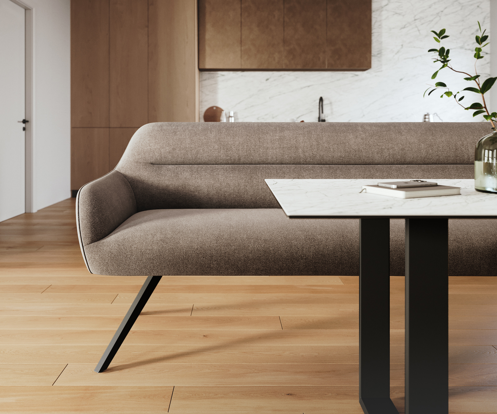 Jedálenská lavica Taya-Flex 300 cm texturovaná látka mäkká taupe krížová podstava hranatá čierna vrecková pružina - Image 2