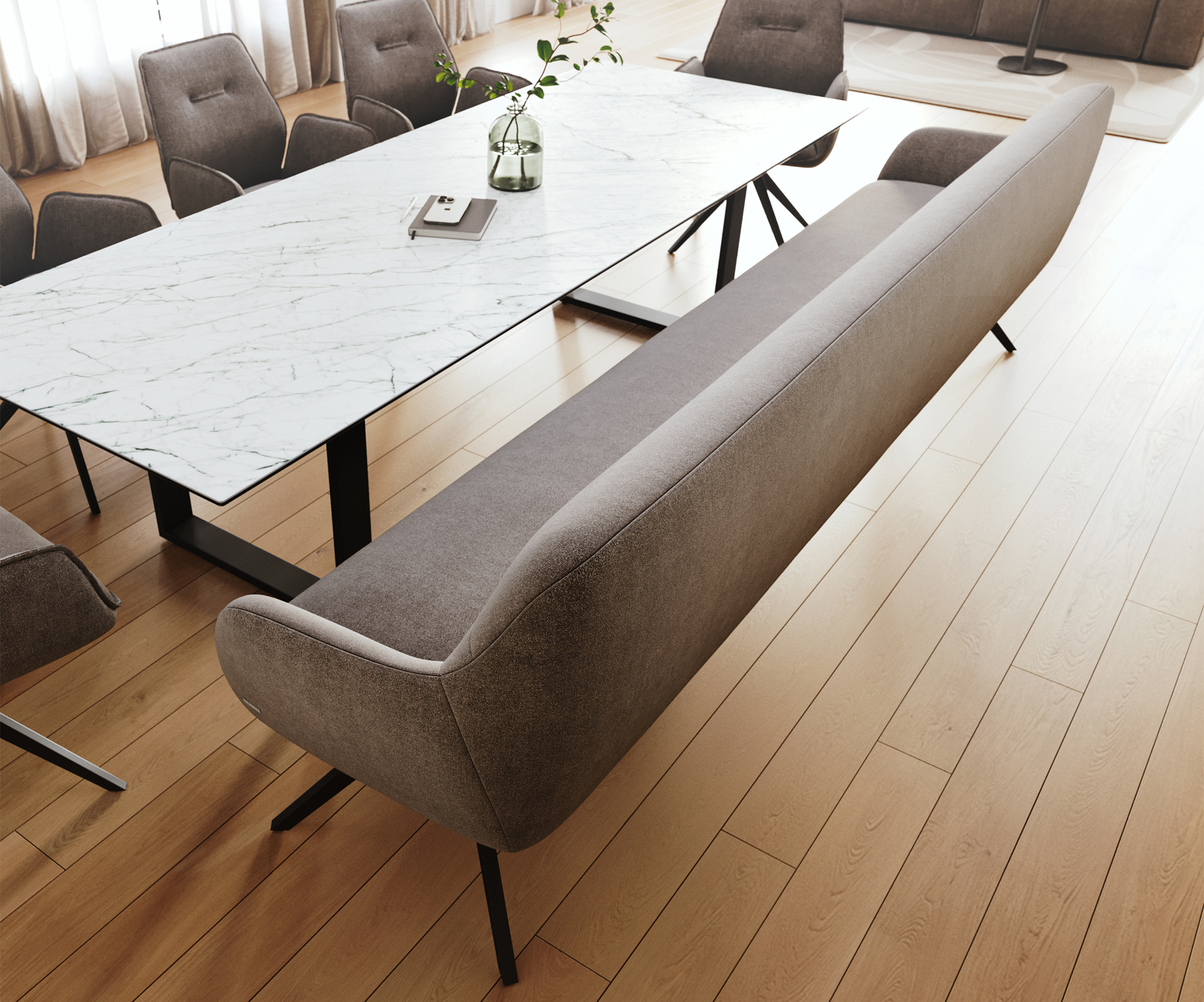 Jedálenská lavica Taya-Flex 300 cm texturovaná látka mäkká taupe krížová podstava hranatá čierna vrecková pružina - Image 4