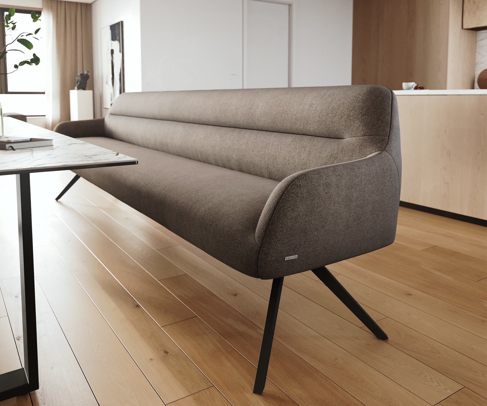 Jedálenská lavica Taya-Flex 300 cm texturovaná látka mäkká taupe krížová podstava hranatá čierna vrecková pružina - Image 5