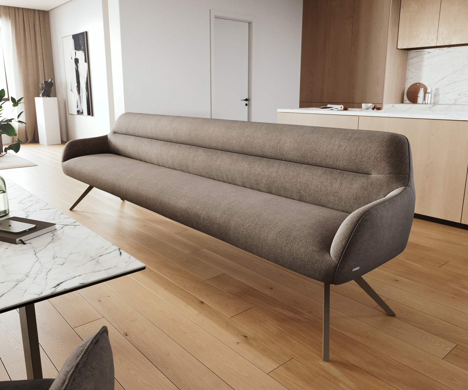 Jedálenská lavica Taya-Flex 300 cm texturovaná látka mäkká taupe krížová podstava hranatá titánová farba vrecková pružina