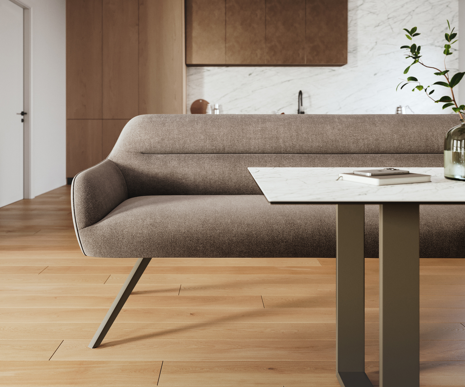 Jedálenská lavica Taya-Flex 300 cm texturovaná látka mäkká taupe krížová podstava hranatá titánová farba vrecková pružina - Image 2