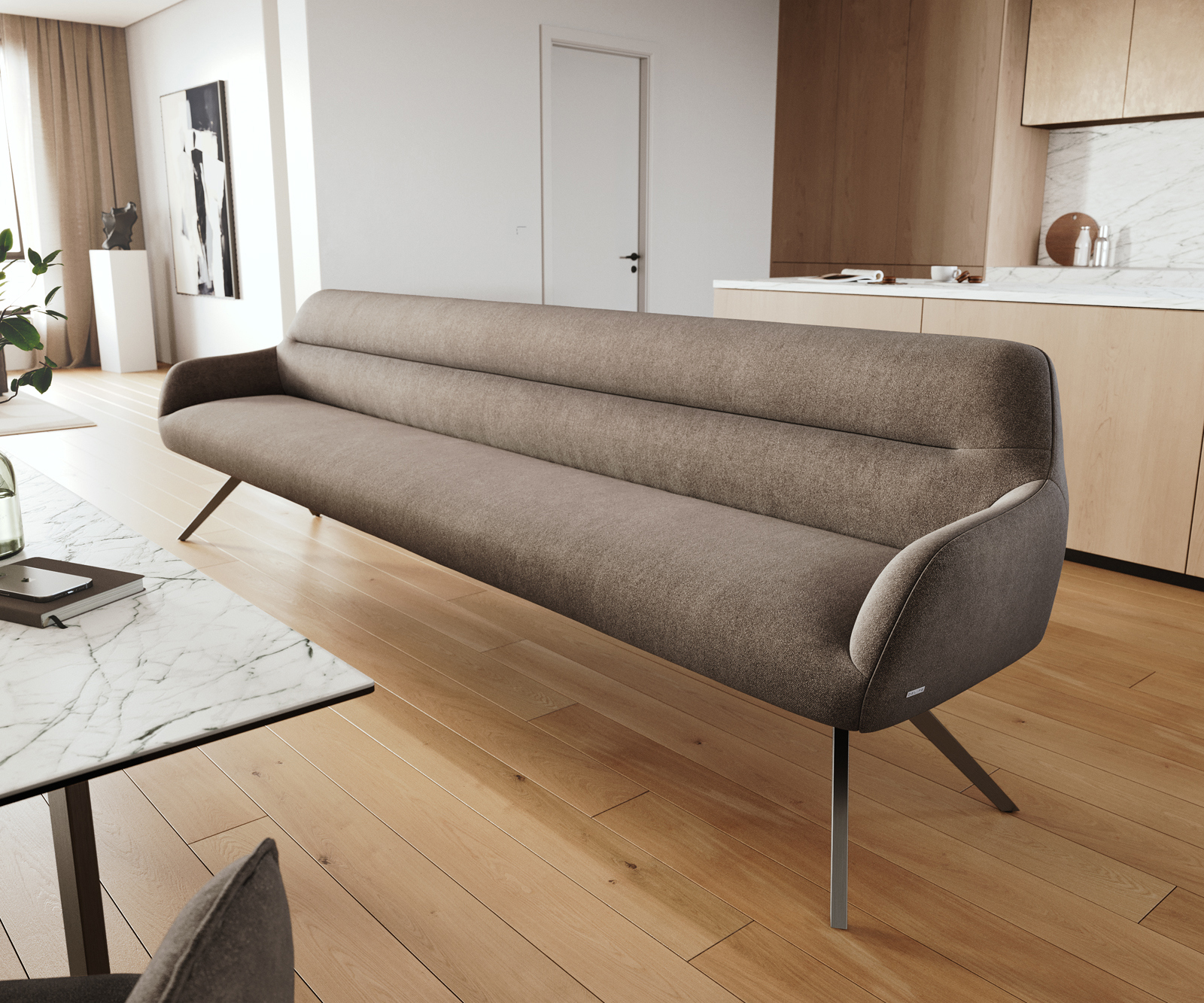 Lavica Taya-Flex 300 cm texturovaná látka mäkká taupe krížová podstava hranatá grafitová vrecková pružina