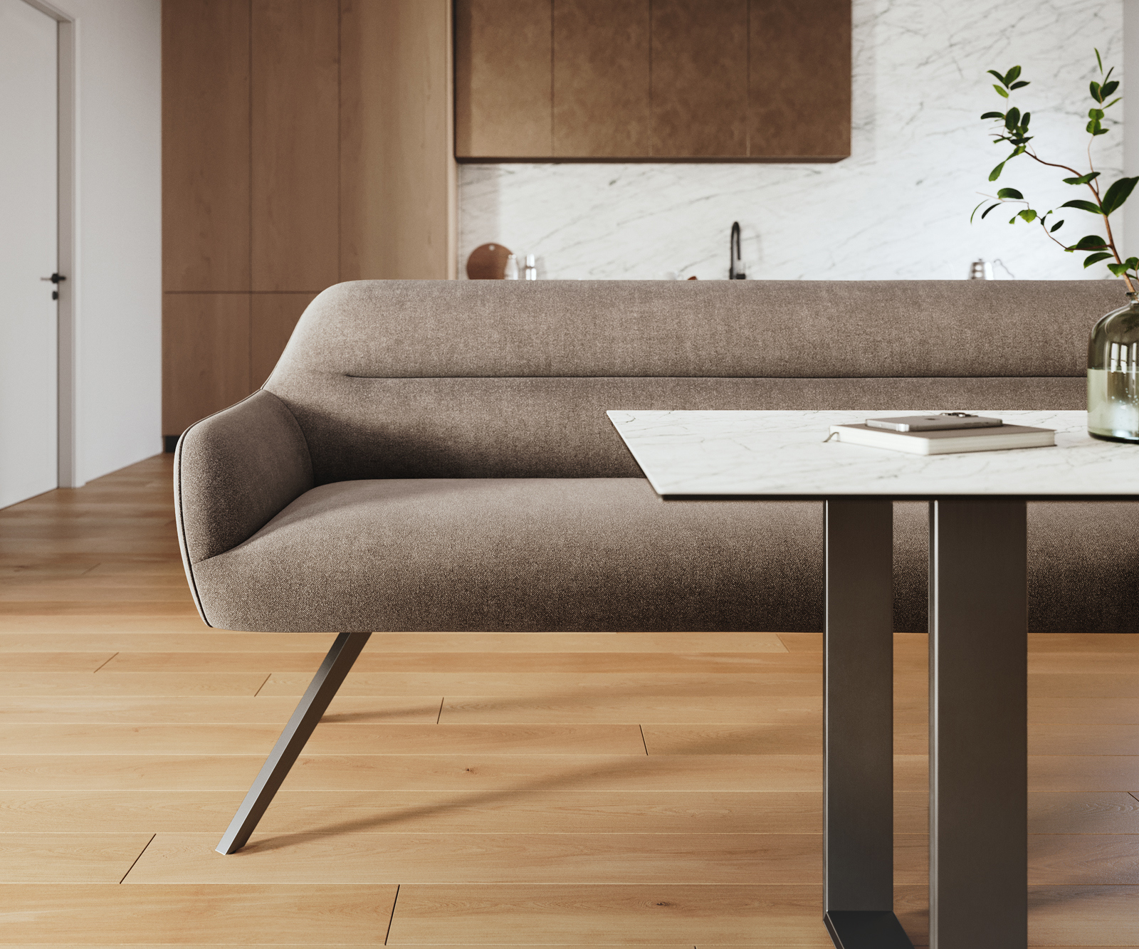 Lavica Taya-Flex 300 cm texturovaná látka mäkká taupe krížová podstava hranatá grafitová vrecková pružina - Image 2