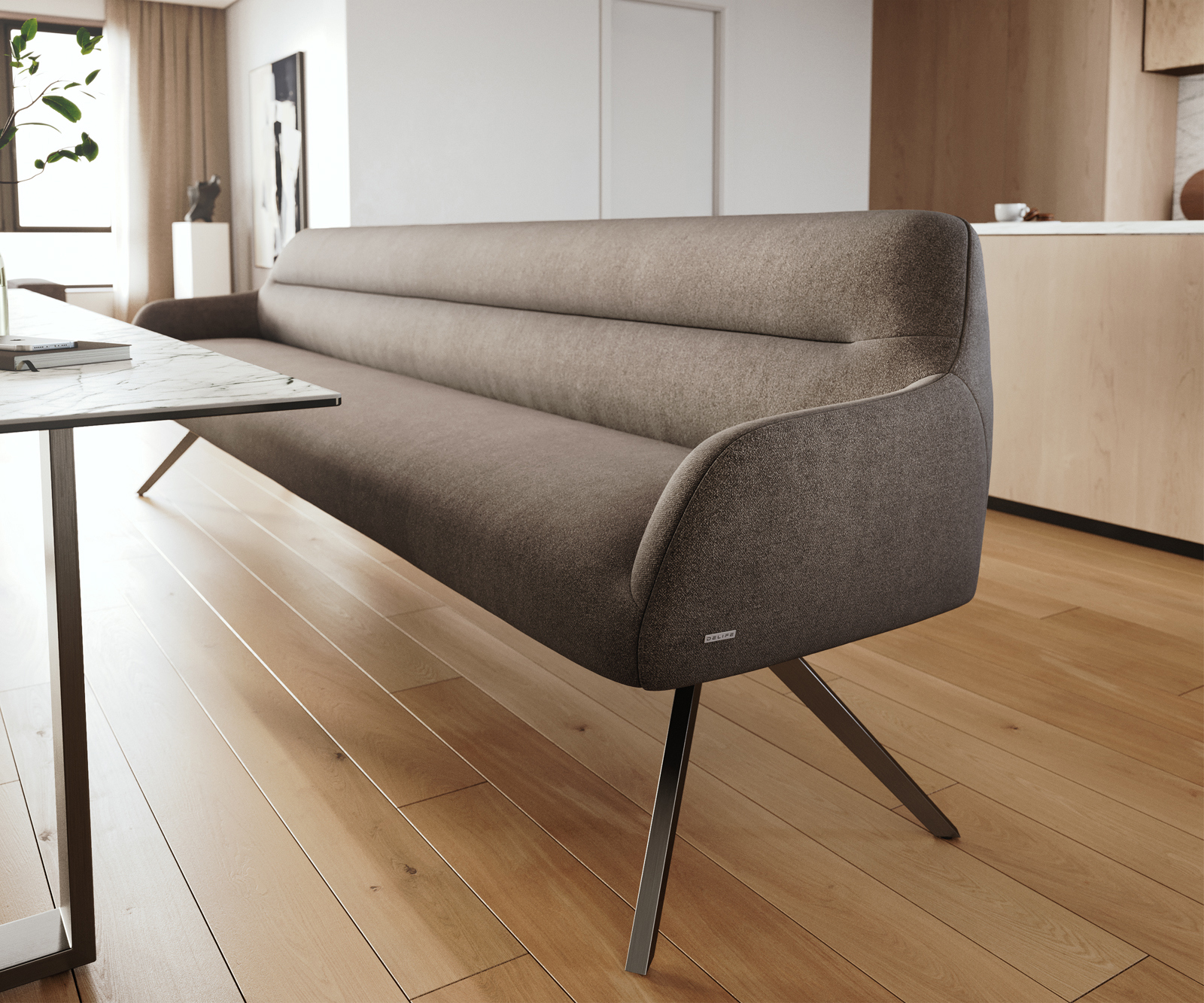 Lavica Taya-Flex 300 cm texturovaná látka mäkká taupe krížová podstava hranatá grafitová vrecková pružina - Image 5