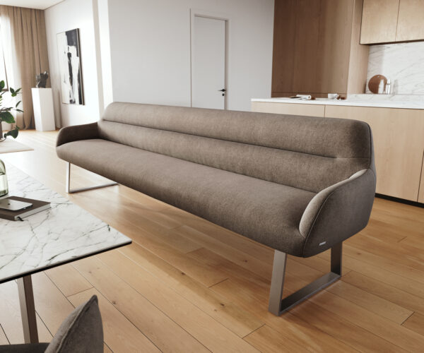 Jedálenská lavica Taya-Flex 300 cm texturovaná látka mäkká taupe tenká podstava hranatá nerezová oceľ vrecková pružina