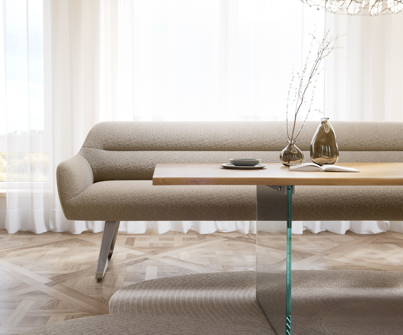 Jedálenská lavica Taya-Flex 300 cm bouclé tmavobéžová tenká podstava plochá nerezová oceľ vrecková pružina - Image 2