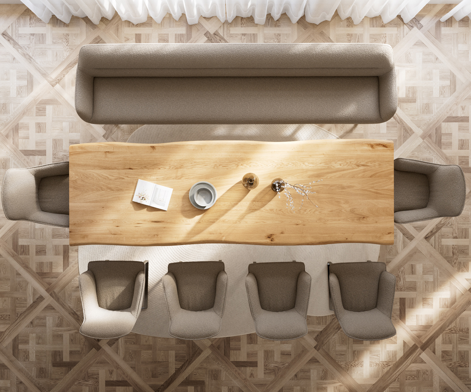 Jedálenská lavica Taya-Flex 300 cm bouclé tmavobéžová tenká podstava plochá nerezová oceľ vrecková pružina - Image 5