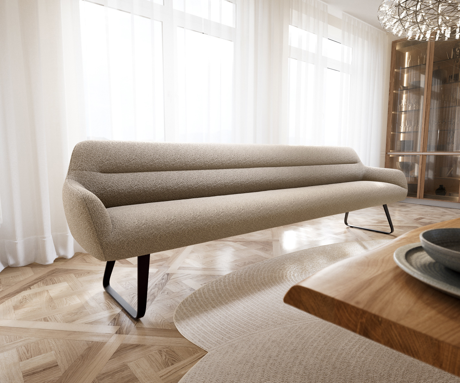 Jedálenská lavica Taya-Flex 300 cm bouclé tmavobéžová tenká podstava plochá čierna vrecková pružina