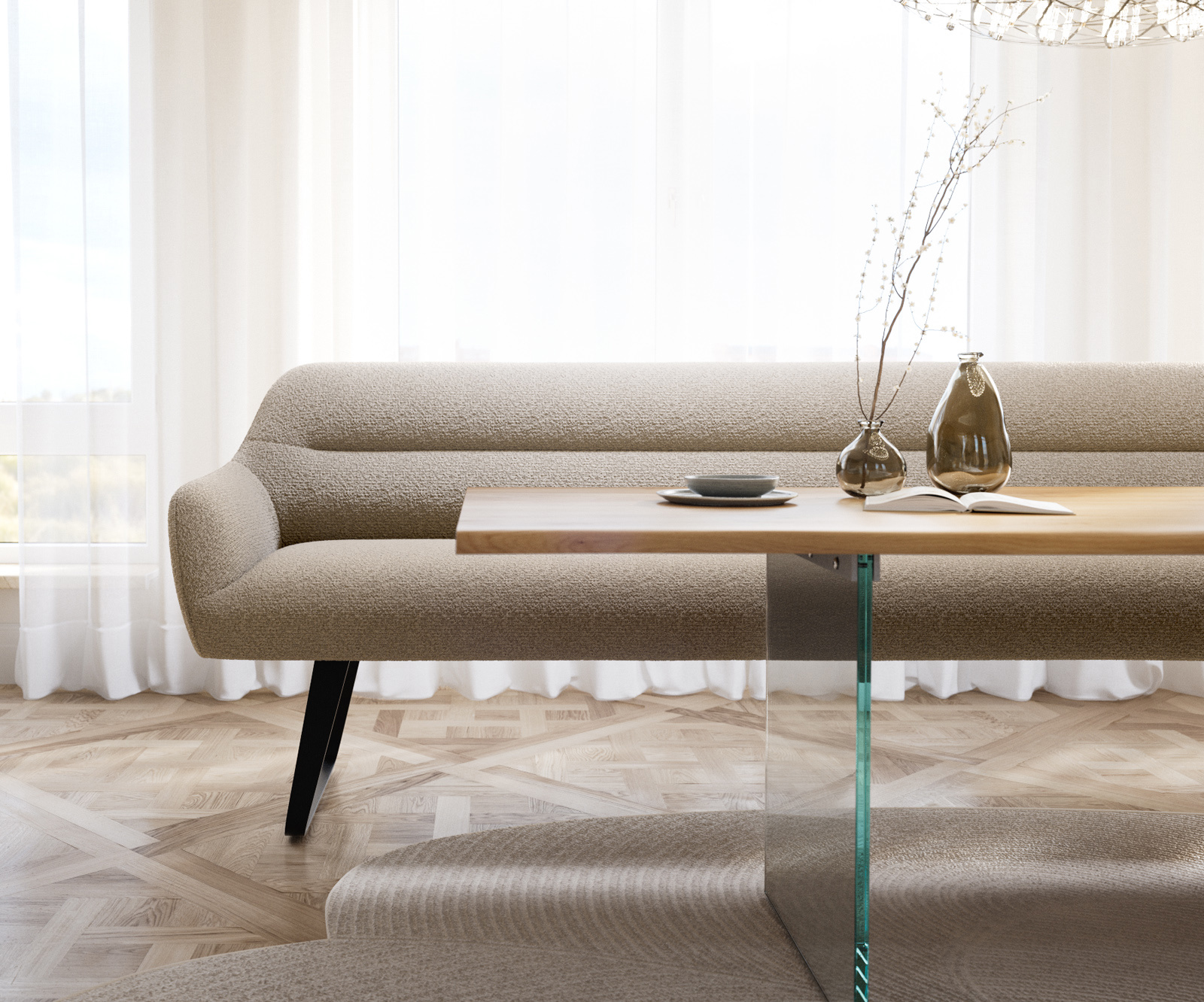 Jedálenská lavica Taya-Flex 300 cm bouclé tmavobéžová tenká podstava plochá čierna vrecková pružina - Image 2