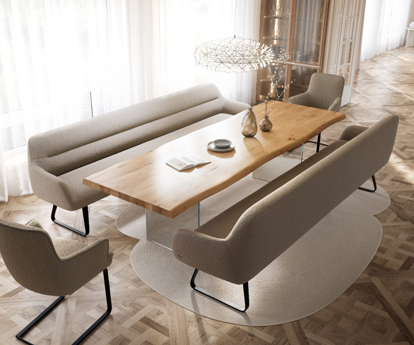 Jedálenská lavica Taya-Flex 300 cm bouclé tmavobéžová tenká podstava plochá čierna vrecková pružina - Image 4