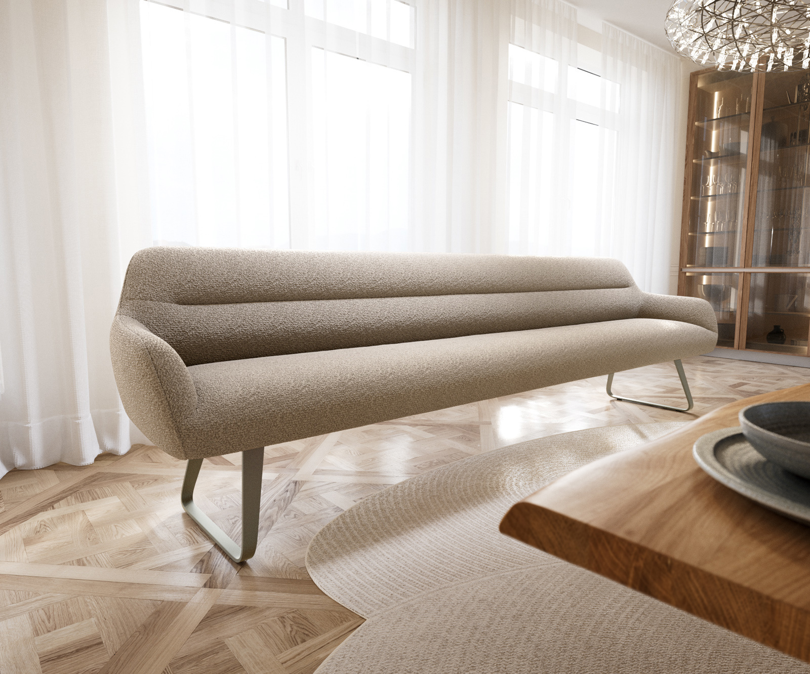 Jedálenská lavica Taya-Flex 300 cm bouclé tmavobéžová tenká podstava plochá titánová farba vrecková pružina