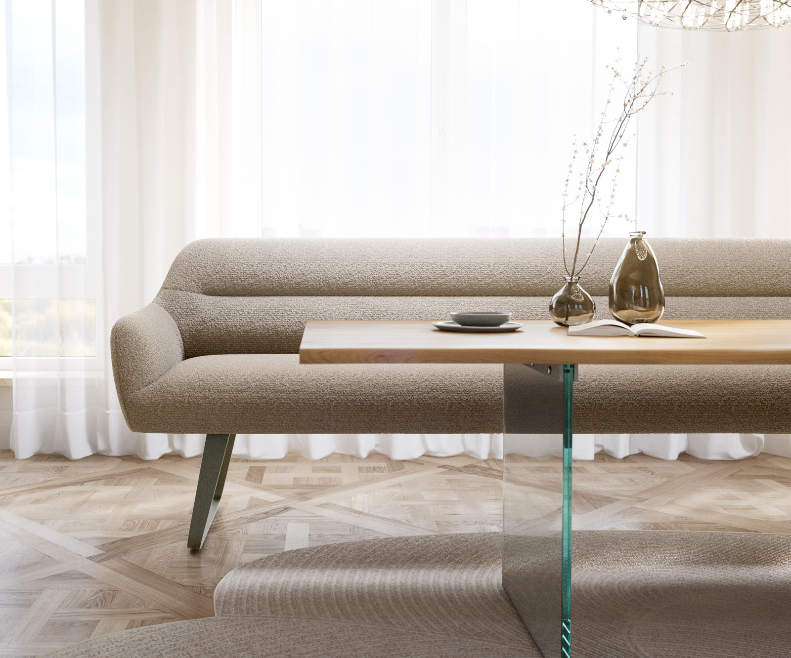 Jedálenská lavica Taya-Flex 300 cm bouclé tmavobéžová tenká podstava plochá titánová farba vrecková pružina - Image 2