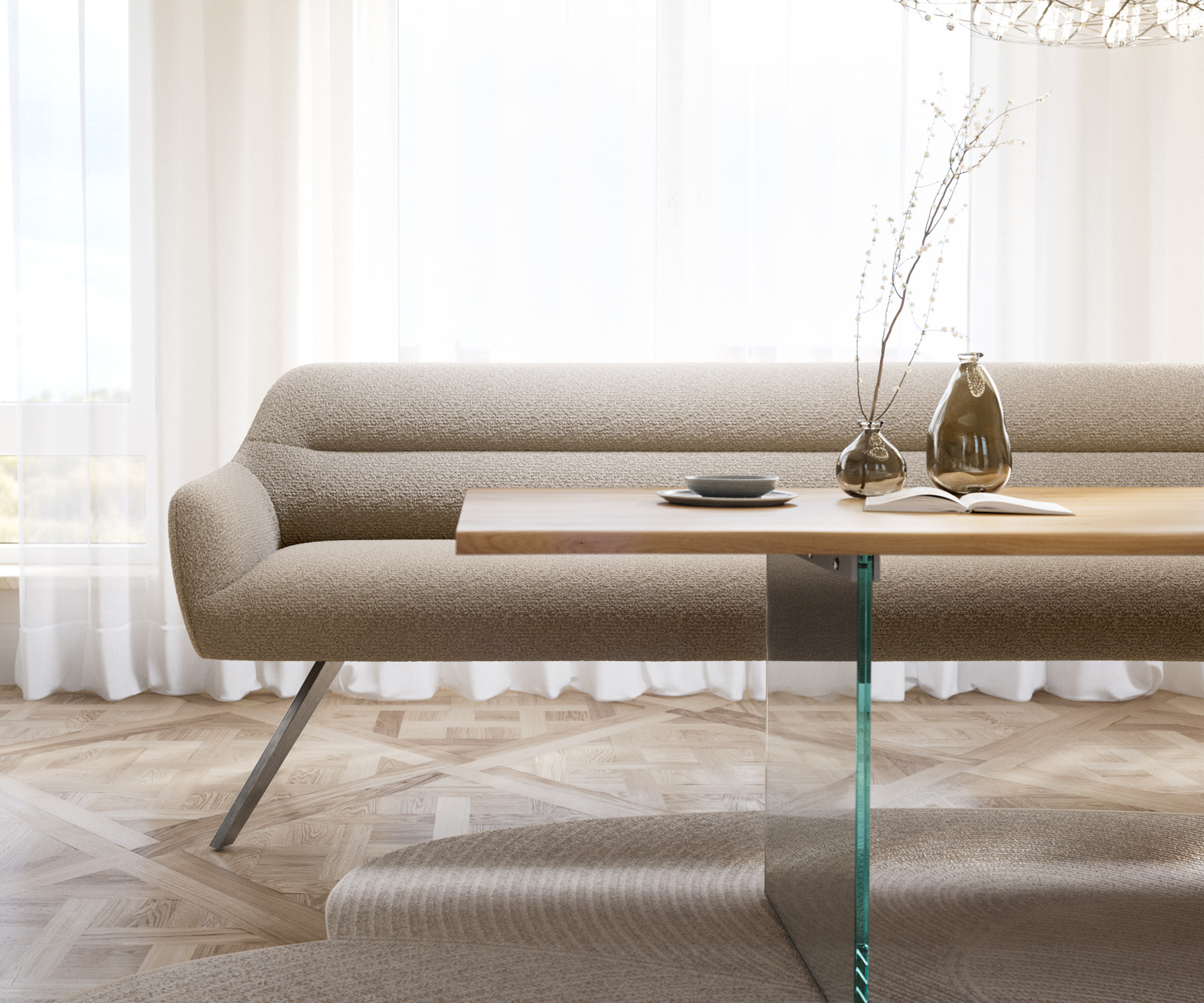 Jedálenská lavica Taya-Flex 300 cm bouclé tmavobéžová hranatá krížová podstava nerezová oceľ vrecková pružina - Image 2