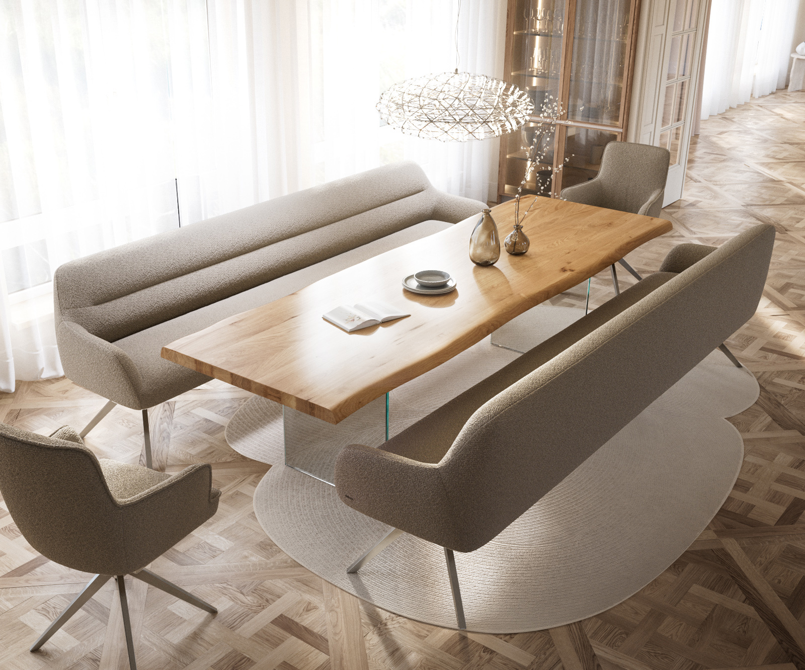 Jedálenská lavica Taya-Flex 300 cm bouclé tmavobéžová hranatá krížová podstava nerezová oceľ vrecková pružina - Image 4