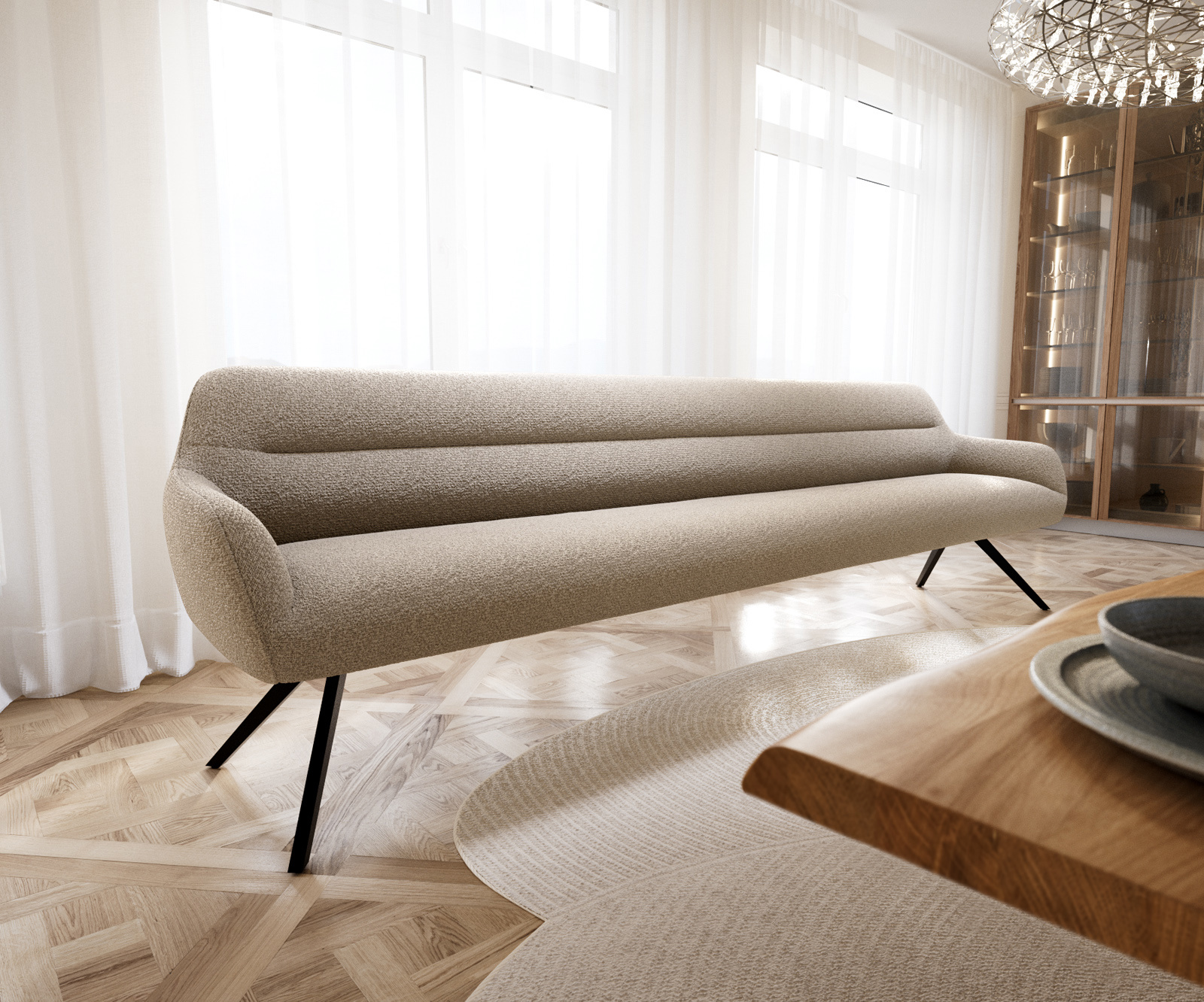 Jedálenská lavica Taya-Flex 300 cm bouclé tmavobéžová hranatá krížová podstava čierna vrecková pružina