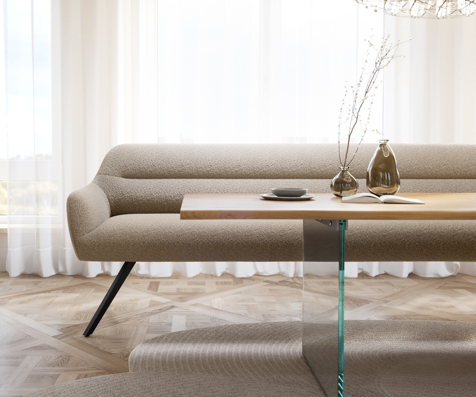 Jedálenská lavica Taya-Flex 300 cm bouclé tmavobéžová hranatá krížová podstava čierna vrecková pružina - Image 2