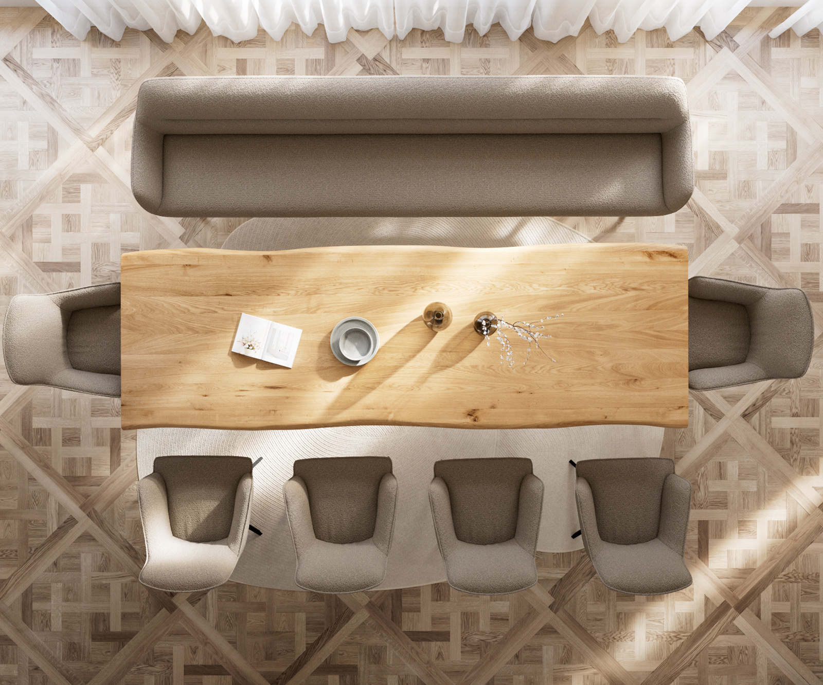 Jedálenská lavica Taya-Flex 300 cm bouclé tmavobéžová hranatá krížová podstava čierna vrecková pružina - Image 5