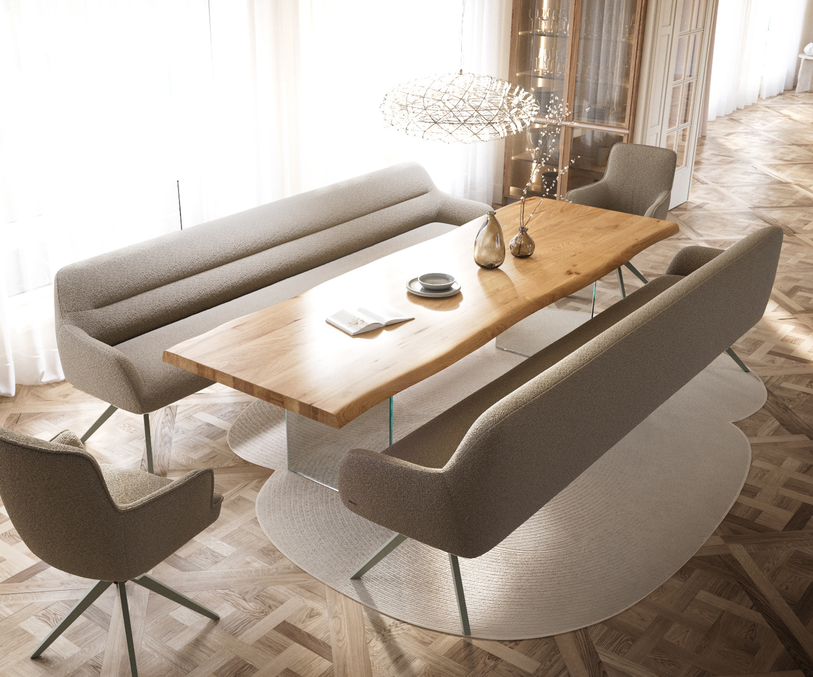 Jedálenská lavica Taya-Flex 300 cm bouclé tmavobéžová krížová podstava hranatá titánová farba vrecková pružina - Image 4