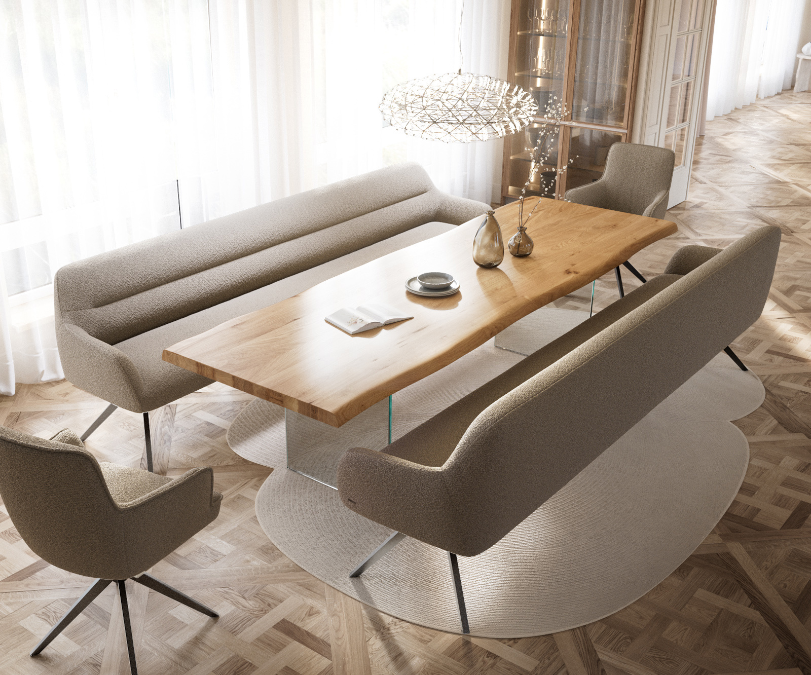 Jedálenská lavica Taya-Flex 300 cm bouclé tmavobéžová krížová podstava hranatá grafitová vrecková pružina - Image 4