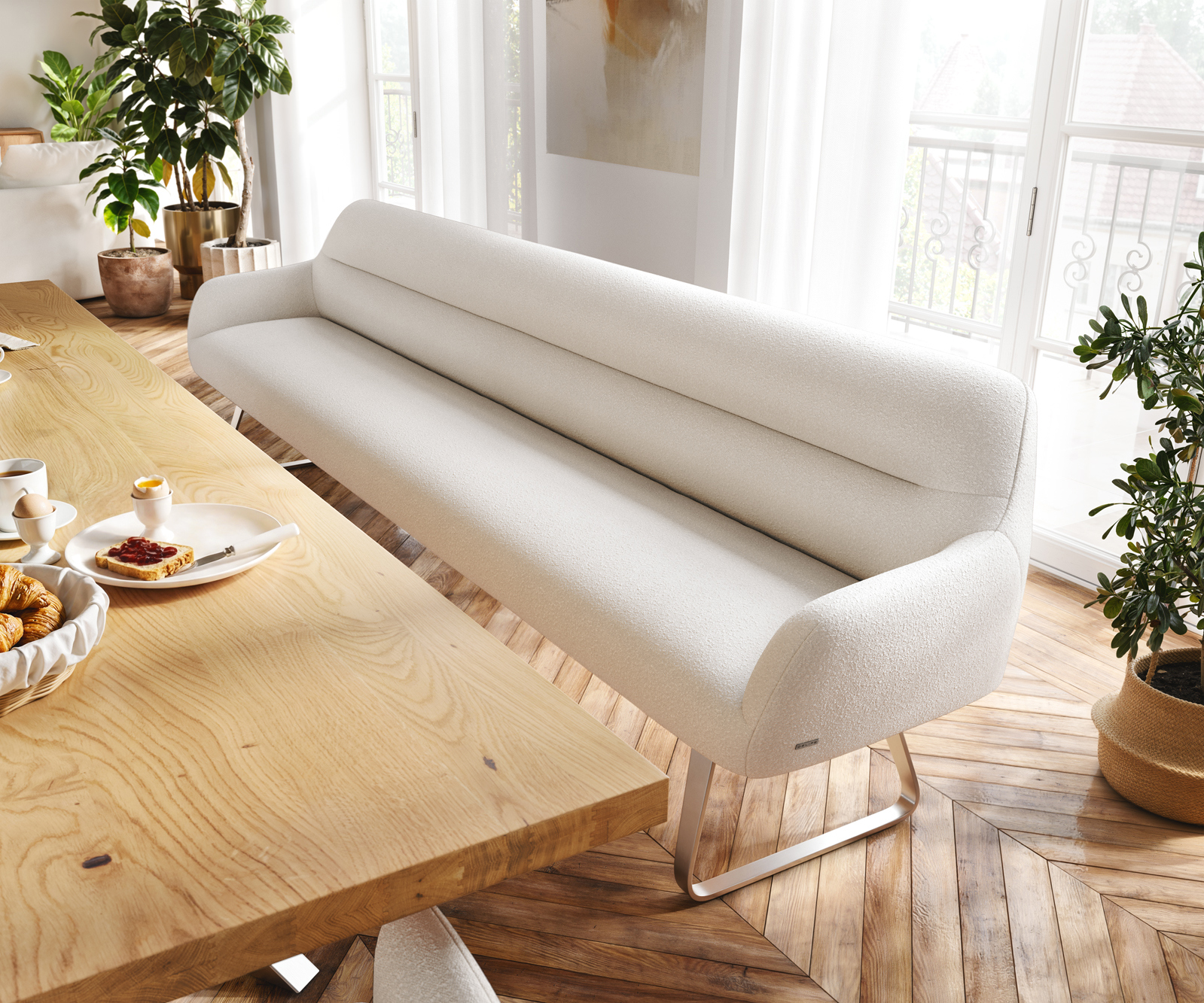 Jedálenská lavica Taya-Flex 300 cm bouclé bielo-krémová tenká podstava plochá nerezová oceľ vrecková pružina