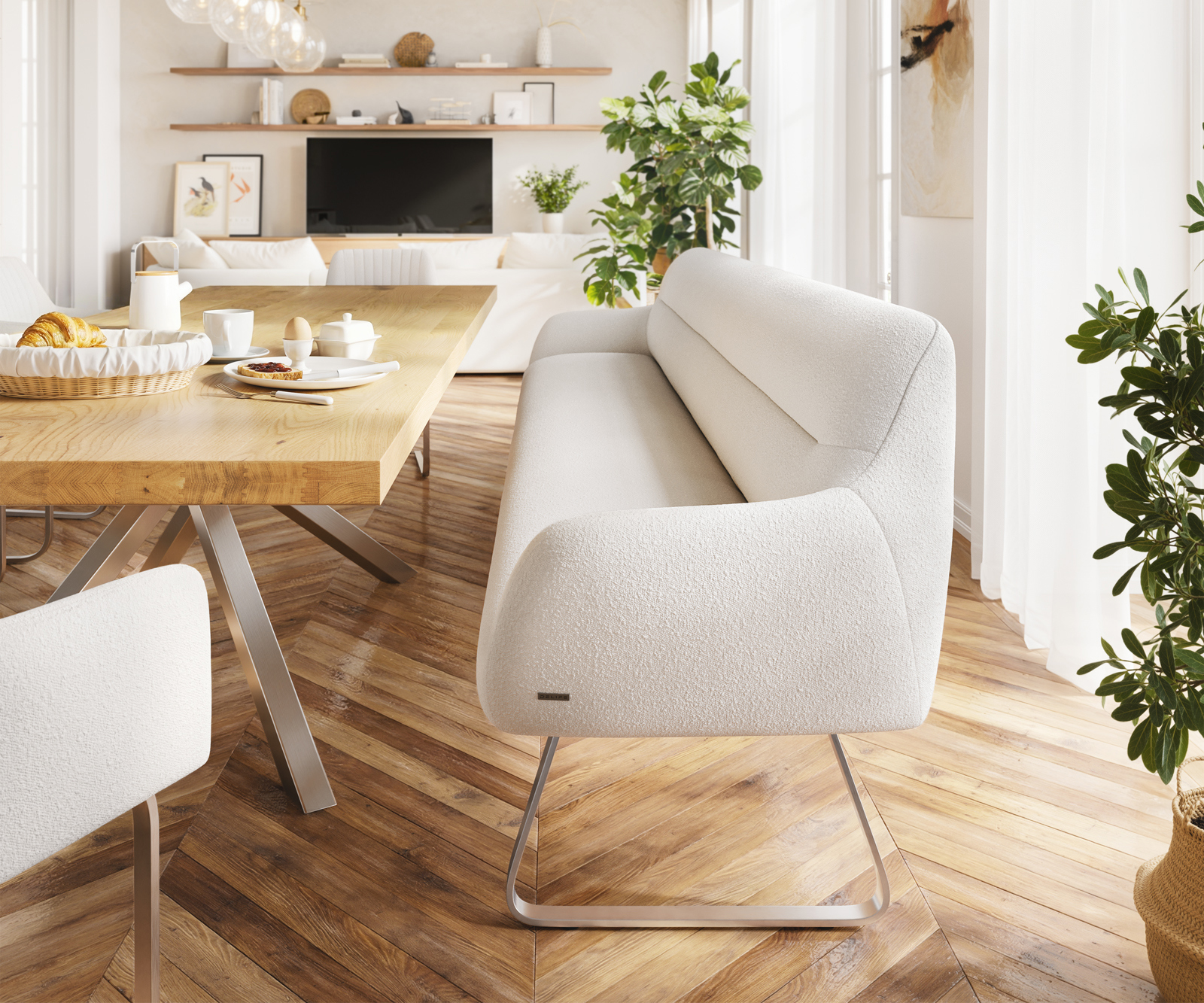 Jedálenská lavica Taya-Flex 300 cm bouclé bielo-krémová tenká podstava plochá nerezová oceľ vrecková pružina - Image 2