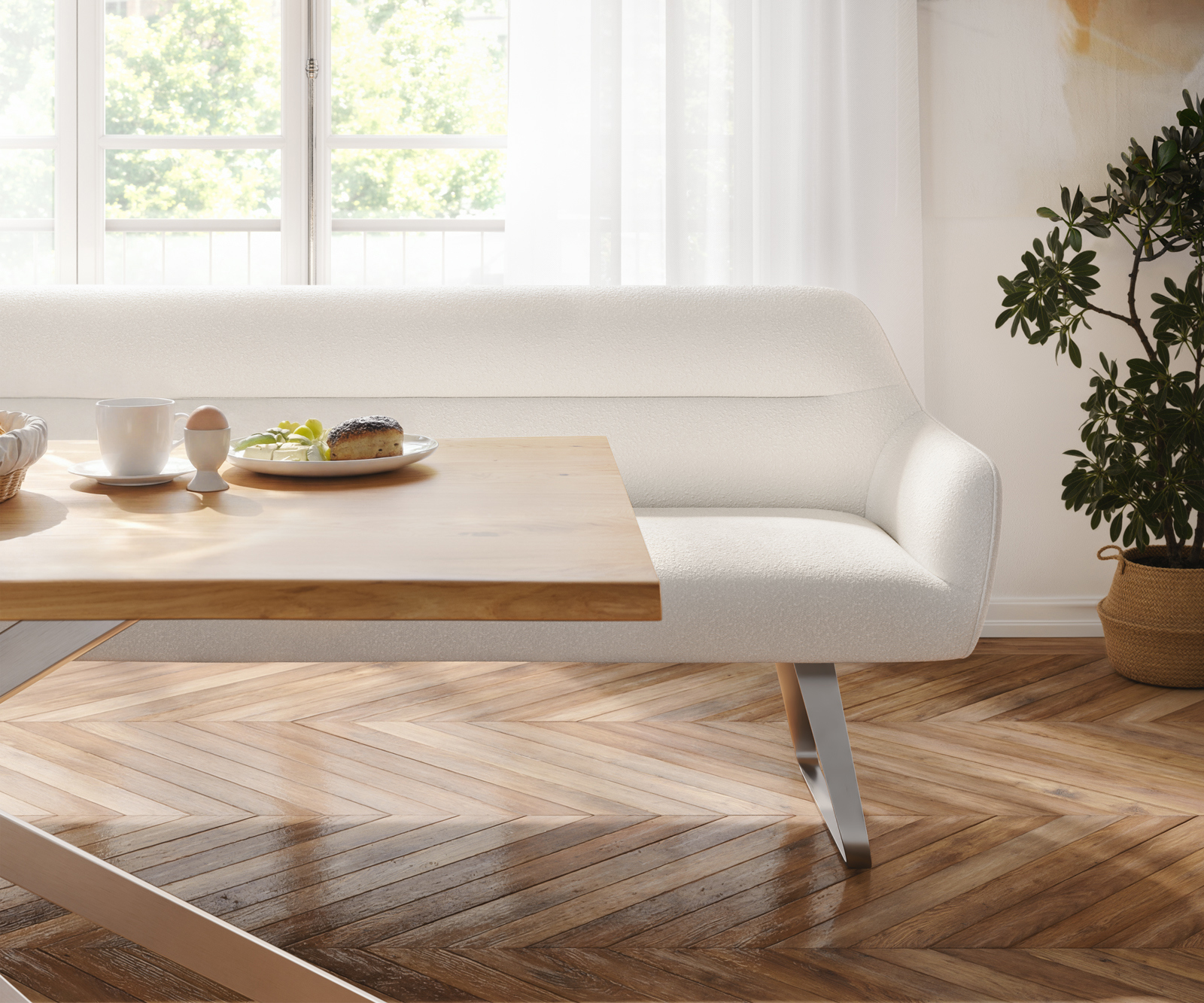 Jedálenská lavica Taya-Flex 300 cm bouclé bielo-krémová tenká podstava plochá nerezová oceľ vrecková pružina - Image 4