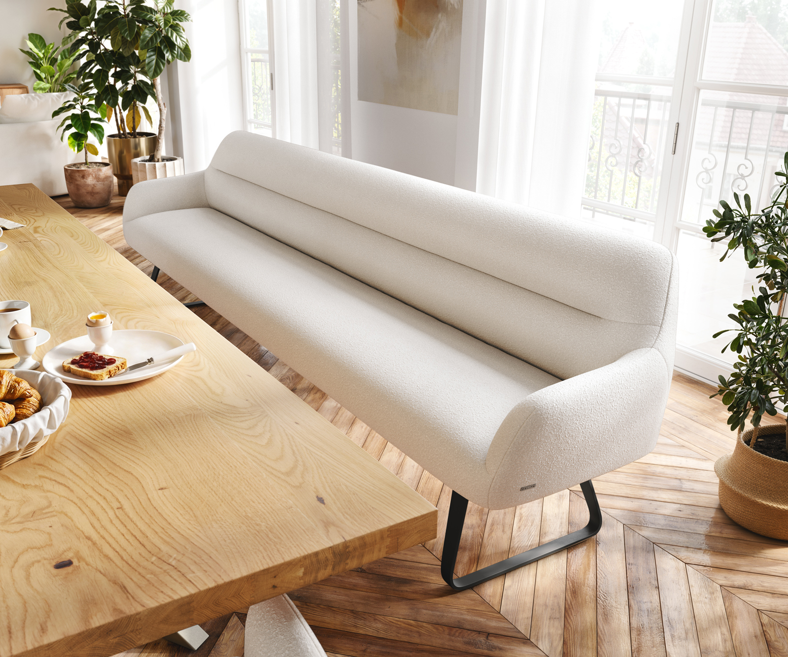 Jedálenská lavica Taya-Flex 300 cm bouclé bielo-krémová tenká podstava plochá čierna vrecková pružina