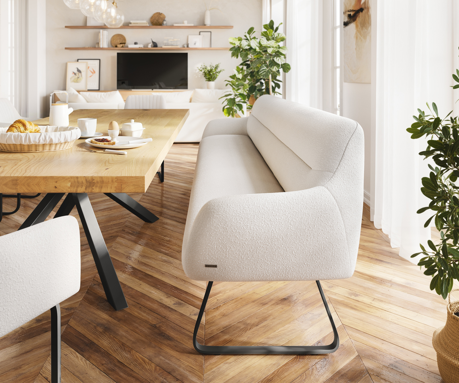 Jedálenská lavica Taya-Flex 300 cm bouclé bielo-krémová tenká podstava plochá čierna vrecková pružina - Image 2