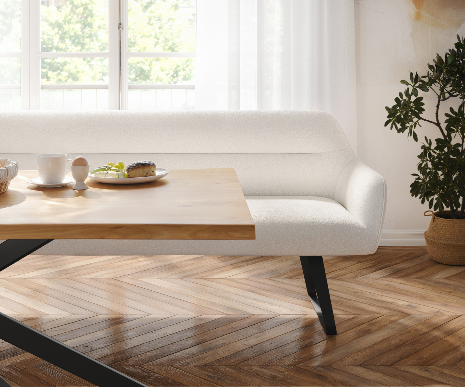 Jedálenská lavica Taya-Flex 300 cm bouclé bielo-krémová tenká podstava plochá čierna vrecková pružina - Image 4