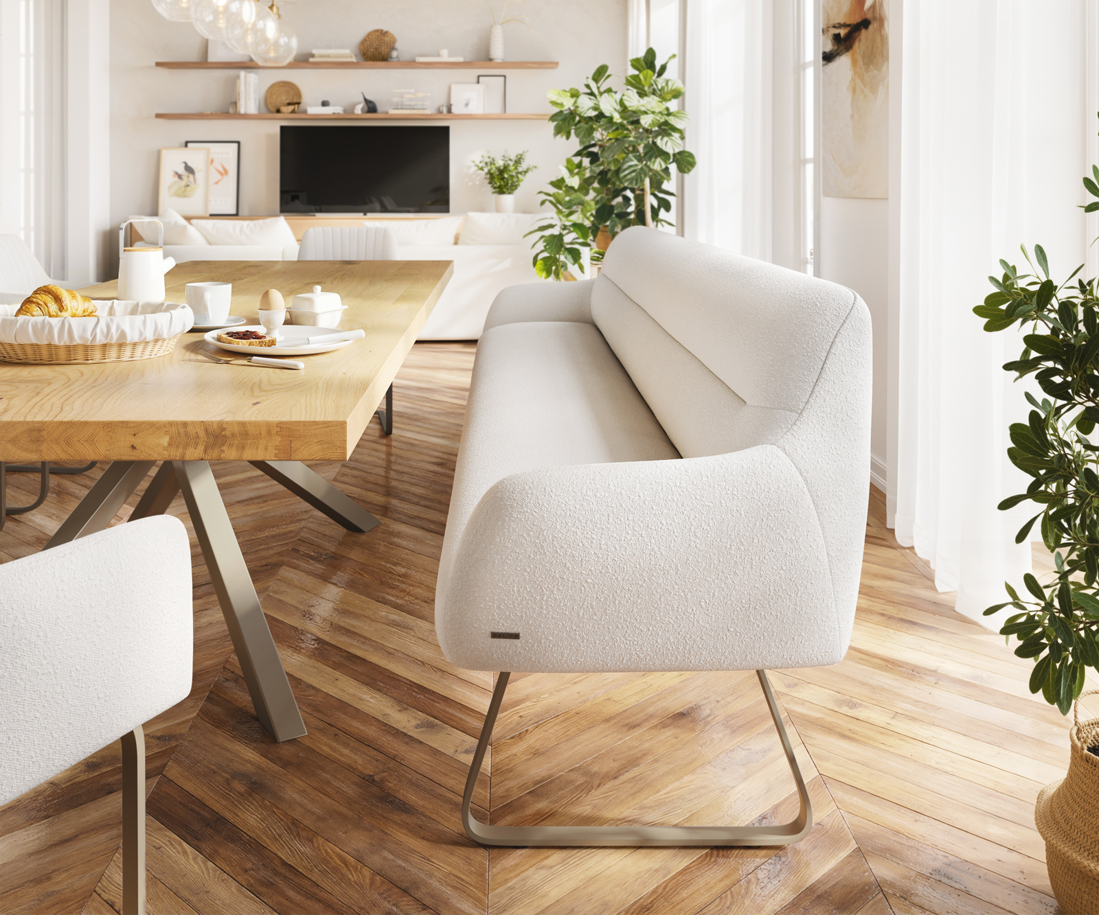 Jedálenská lavica Taya-Flex 300 cm bouclé bielo-krémová tenká podstava plochá titánová farba vrecková pružina - Image 2