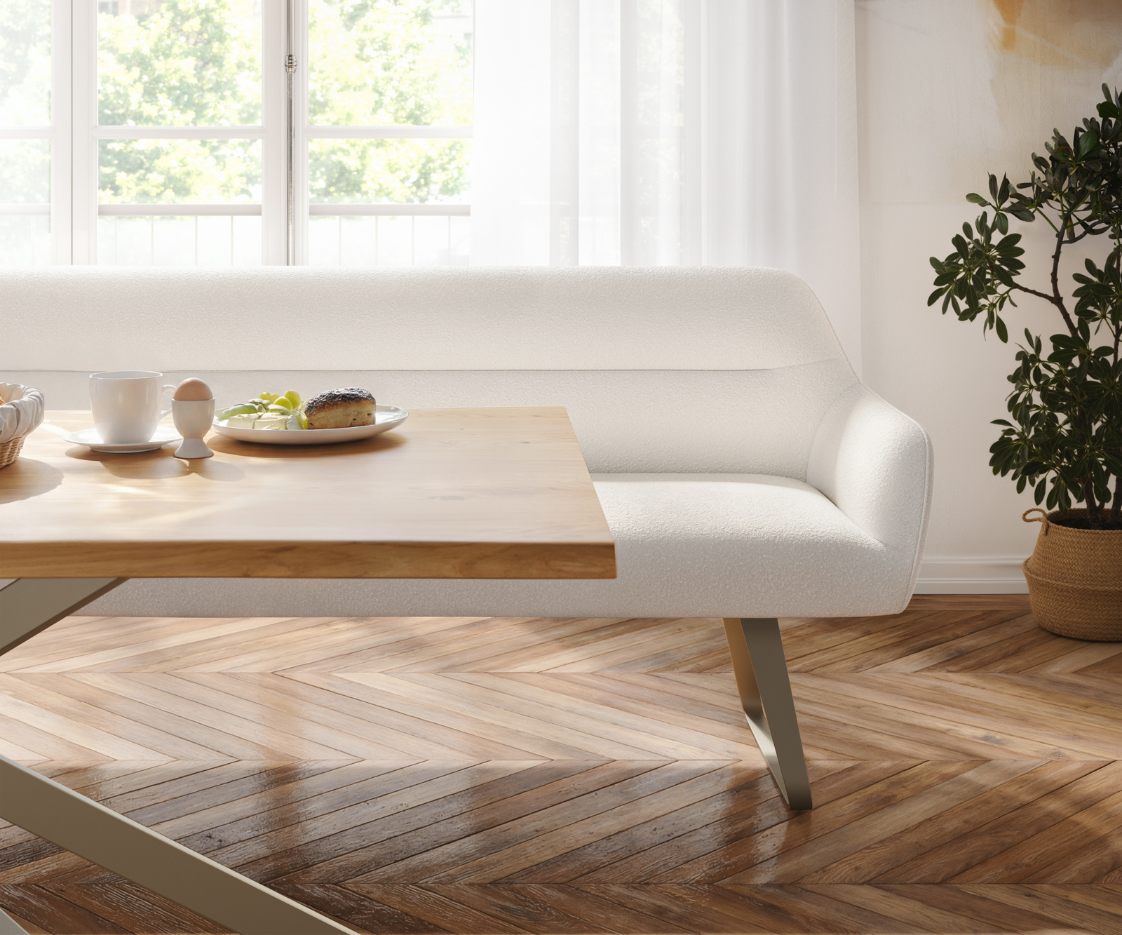 Jedálenská lavica Taya-Flex 300 cm bouclé bielo-krémová tenká podstava plochá titánová farba vrecková pružina - Image 4