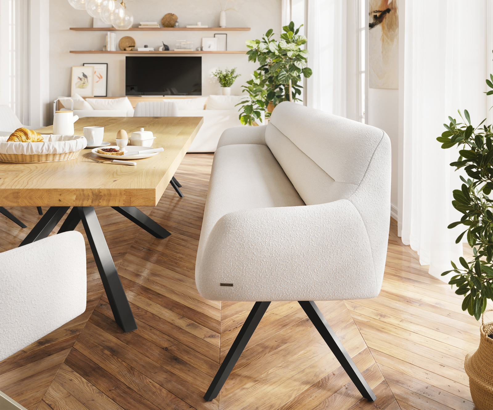 Jedálenská lavica Taya-Flex 300 cm bouclé bielo-krémová čierna krížová podstava hranatá vrecková pružina - Image 2