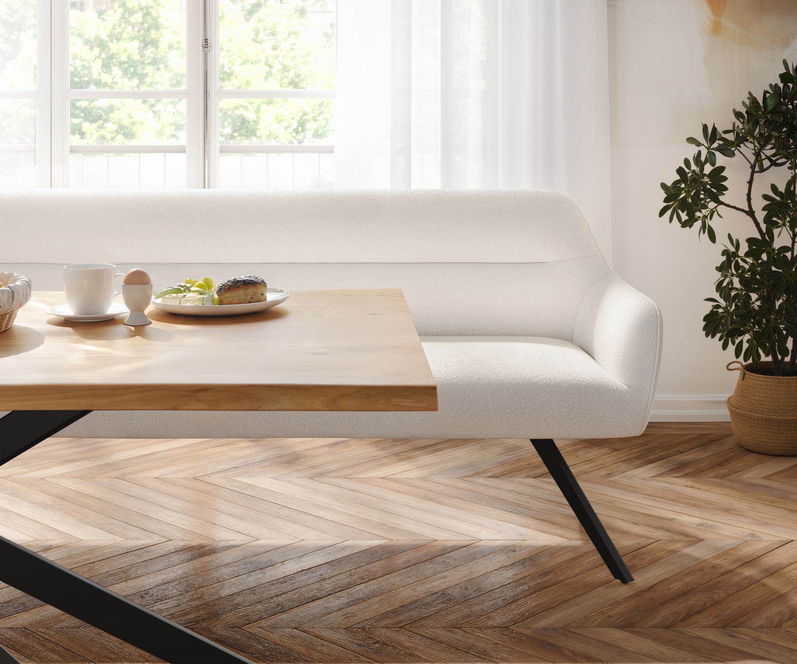 Jedálenská lavica Taya-Flex 300 cm bouclé bielo-krémová čierna krížová podstava hranatá vrecková pružina - Image 4