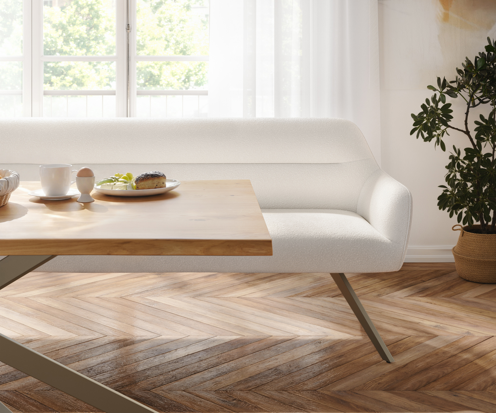 Jedálenská lavica Taya-Flex 300 cm bouclé bielo-krémová krížová podstava hranatá titánová farba vrecková pružina - Image 4