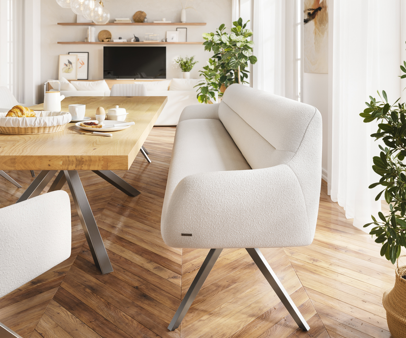 Jedálenská lavica Taya-Flex 300 cm bouclé bielo-krémová krížová podstava hranatá grafitová vrecková pružina - Image 2