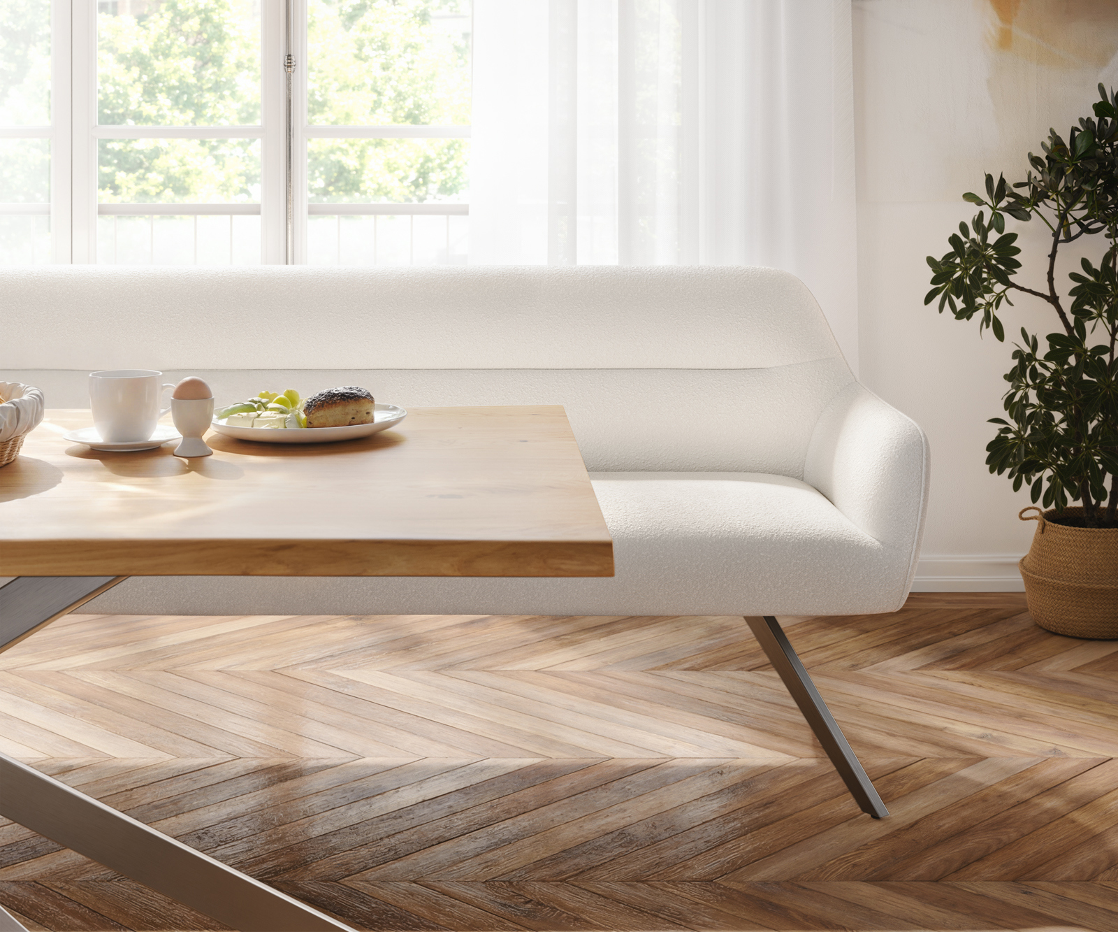 Jedálenská lavica Taya-Flex 300 cm bouclé bielo-krémová krížová podstava hranatá grafitová vrecková pružina - Image 4