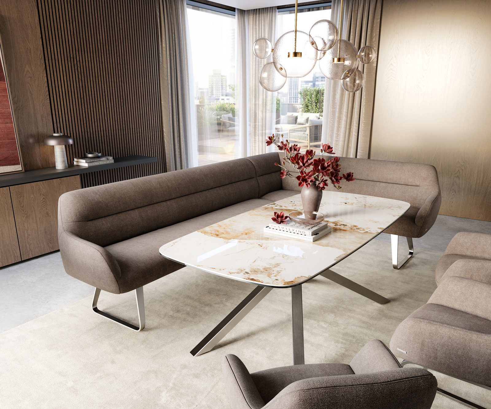 Jedálenská lavica Taya-Flex 285×190 cm texturovaná látka mäkká taupe tenká podstava plochá nerezová oceľ vrecková pružina ľavá