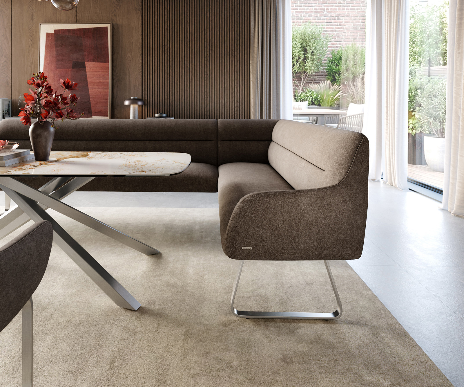 Jedálenská lavica Taya-Flex 285×190 cm texturovaná látka mäkká taupe tenká podstava plochá nerezová oceľ vrecková pružina ľavá - Image 5