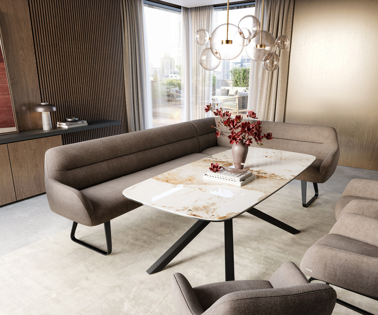 Jedálenská lavica Taya-Flex 285×190 cm texturovaná látka mäkká taupe tenká podstava plochá čierna vrecková pružina ľavá