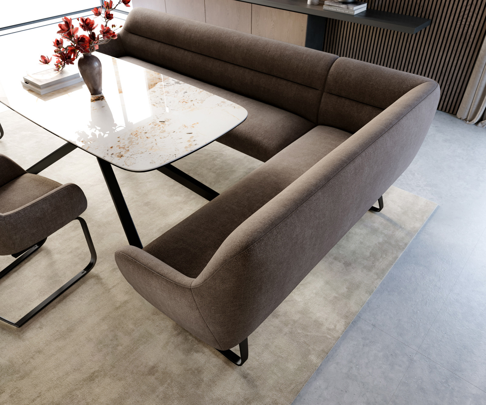 Jedálenská lavica Taya-Flex 285×190 cm texturovaná látka mäkká taupe tenká podstava plochá čierna vrecková pružina ľavá - Image 4