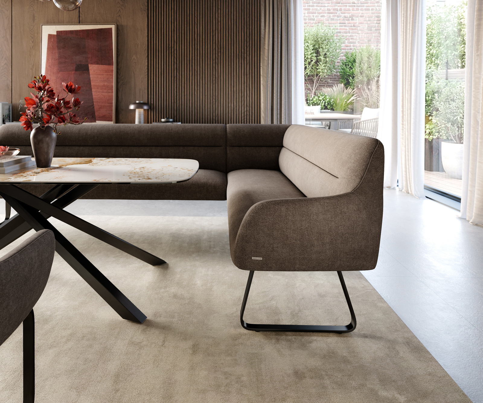 Jedálenská lavica Taya-Flex 285×190 cm texturovaná látka mäkká taupe tenká podstava plochá čierna vrecková pružina ľavá - Image 5