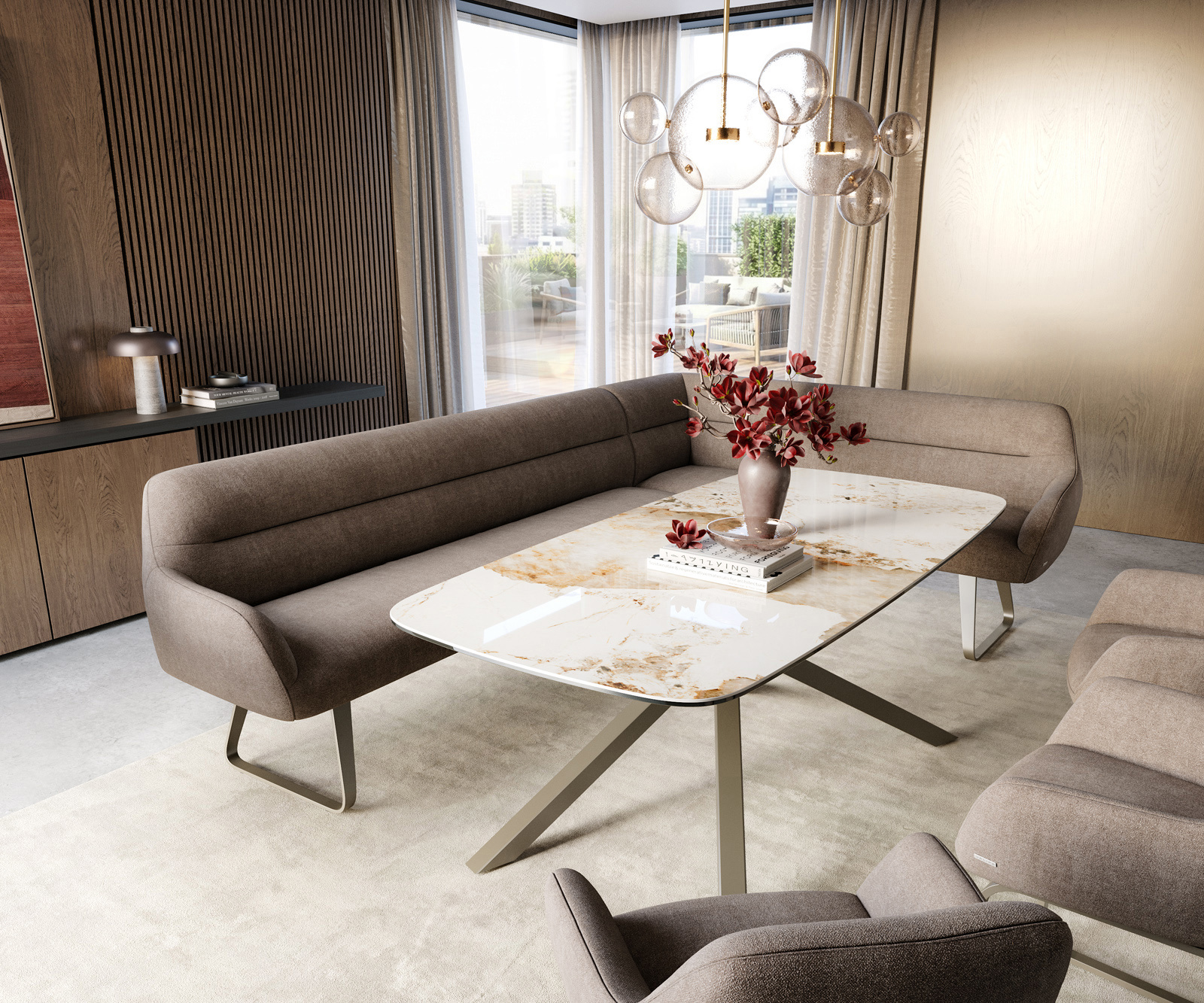 Jedálenská lavica Taya-Flex 285×190 cm texturovaná látka mäkká taupe tenká podstava plochý titánová farba vrecková pružina ľavá