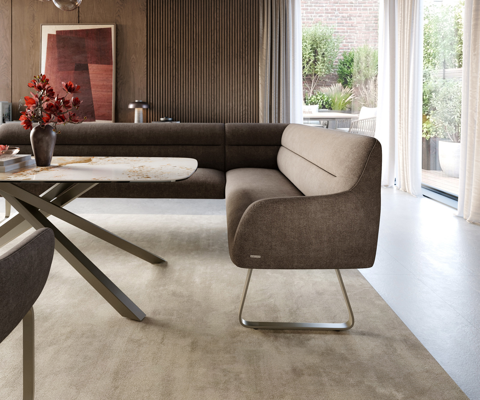 Jedálenská lavica Taya-Flex 285×190 cm texturovaná látka mäkká taupe tenká podstava plochý titánová farba vrecková pružina ľavá - Image 5