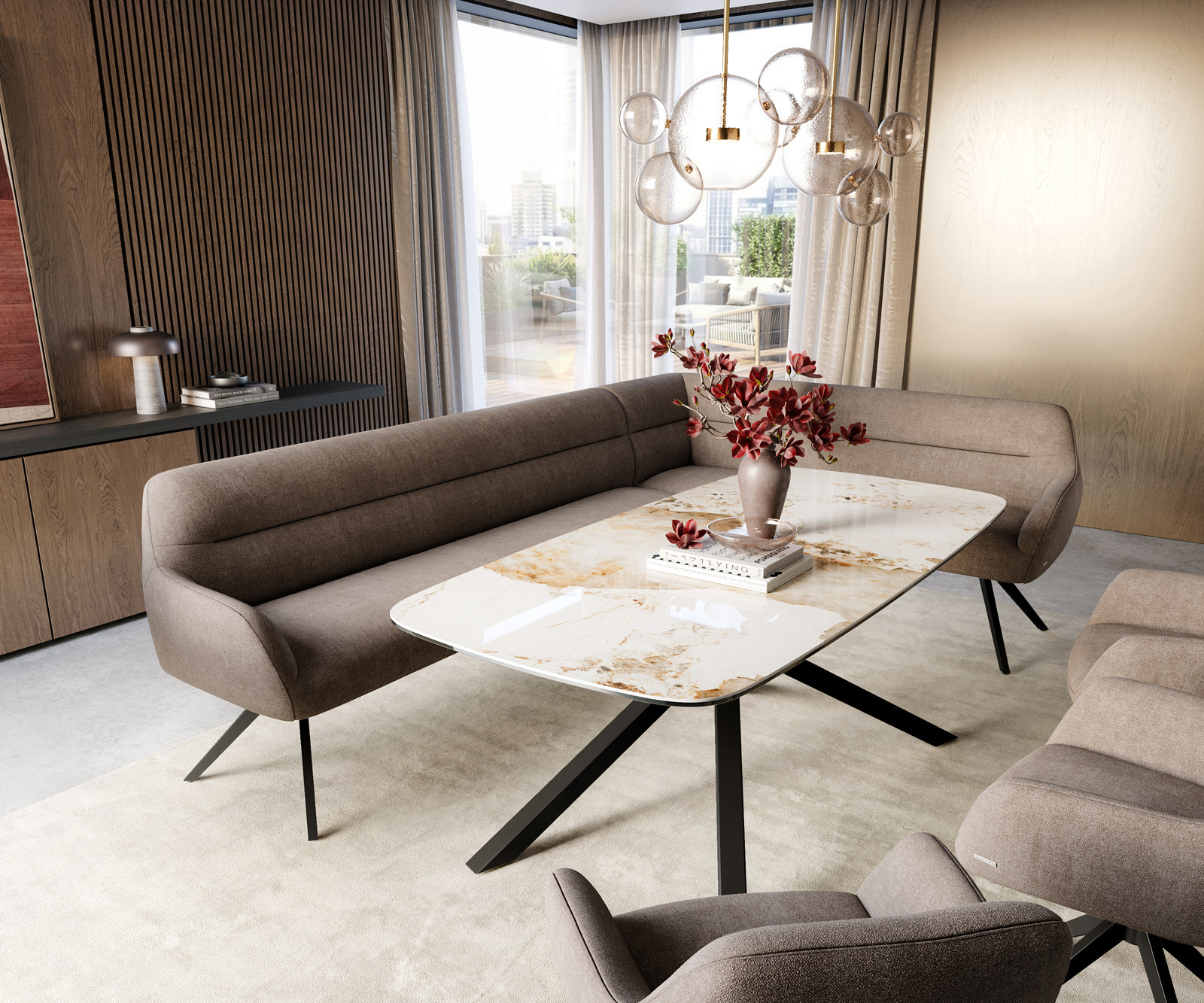 Lavica Taya-Flex 285×190 cm texturovaná látka mäkká taupe krížová podstava hranatá čierna vrecková pružina ľavá