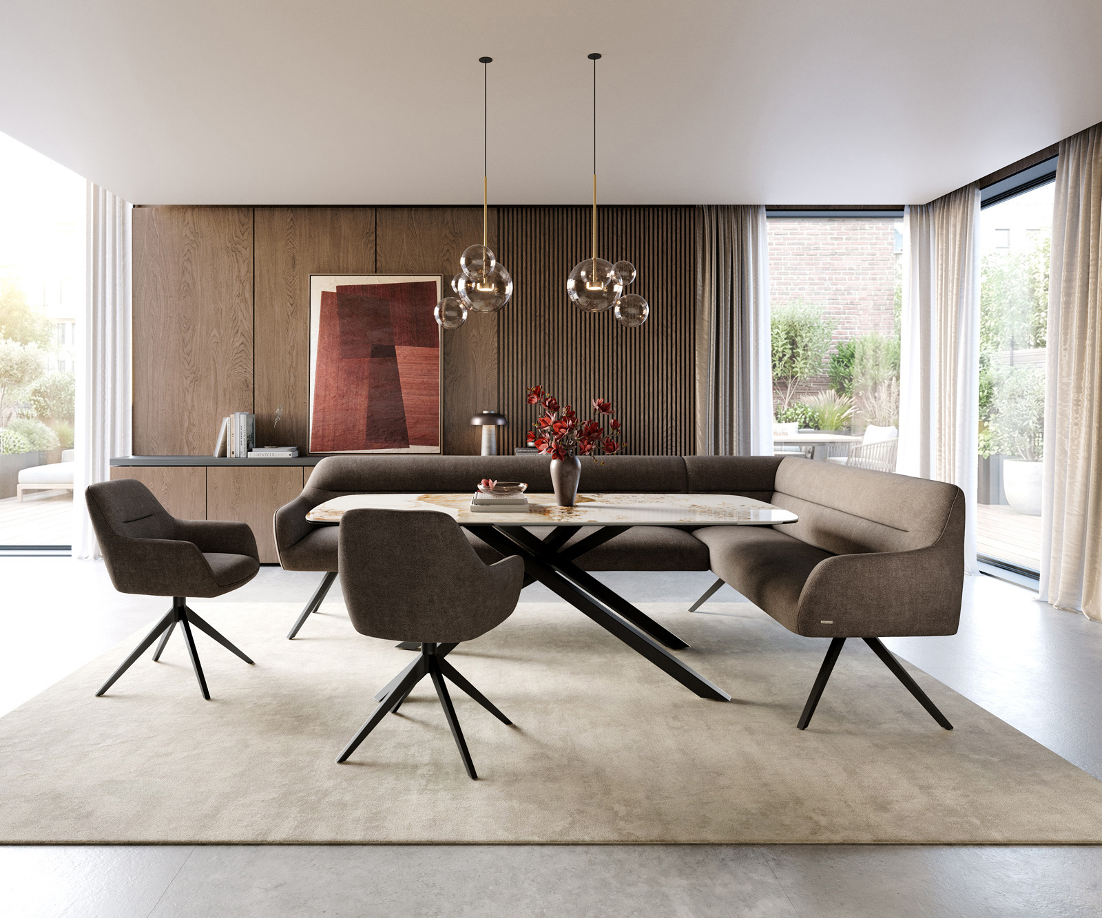 Lavica Taya-Flex 285×190 cm texturovaná látka mäkká taupe krížová podstava hranatá čierna vrecková pružina ľavá - Image 2